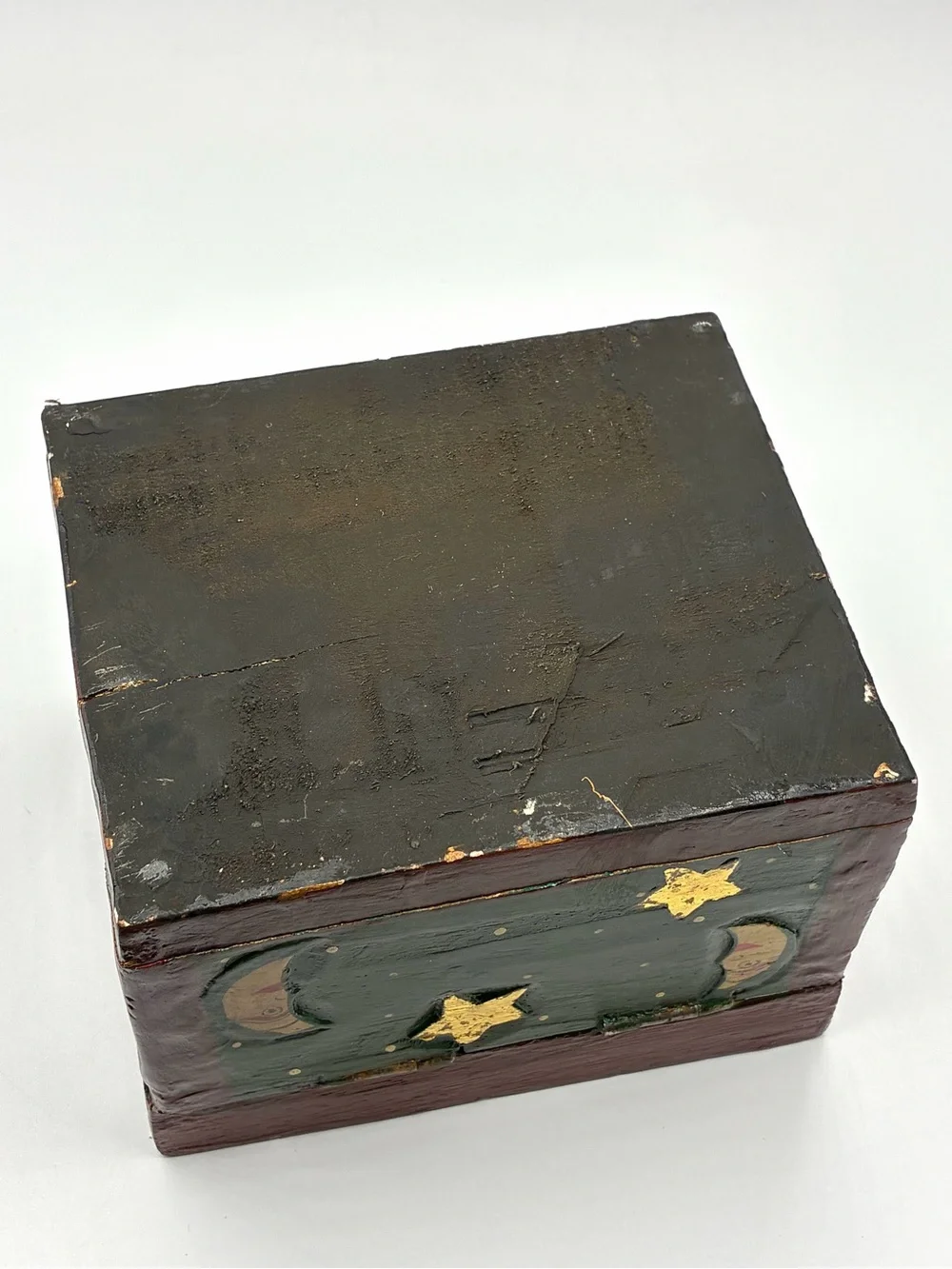 Vintage Folk Art Celestial Sun Moon Yin Yang Wooden Trinket Box